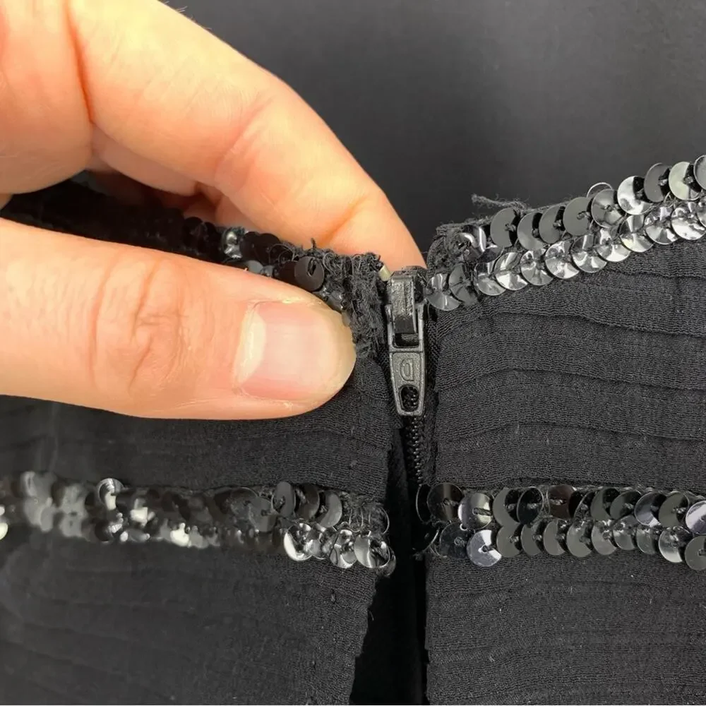 VINTAGE CHANEL 1980’s Sequin Midi Flare Dress Black Silk 38 *Authenticated